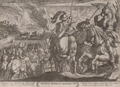 Levy 7: Egyptiläiset jahtaamassa israelilaisia, julkaisusta The Battles of the Old..., n. 1590-n. 1610. tekijältä Antonio Tempesta
