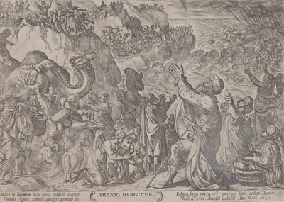 Levy 8: Egyptiläiset hukkumassa Punaiseen mereen, julkaisusta "The Battles of the Old...", n. 1590-n. 1610. tekijältä Antonio Tempesta