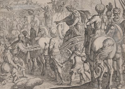 Levy 9: Aleksanterin voittoisa tulo Babyloniin, Aleksanteri Suuren teoista, ..., 1608. tekijältä Antonio Tempesta