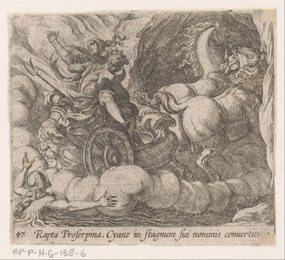 Pluto nielee nymfi Cyanesta kuolevan Proserpinan Proserpinan sieppaama Cyane muutetaan omaksi altaaksi (otsikko esineessä) Metamorfoosi tai muunnokset (sarjan nimi) Metamorfosen van Ovidius (sarjan nimi) tekijältä Antonio Tempesta
