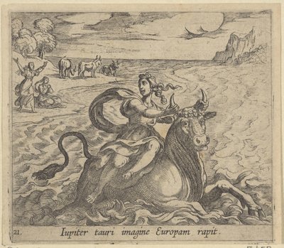 Kattoauto Eurooppa Jupiter vangitsee Europan härän kuvaan (otsikko esineessä) Metamorfoseonin koon muunnos (sarjan nimi) Metamorfosen van Ovidius (sarjan nimi) tekijältä Antonio Tempesta