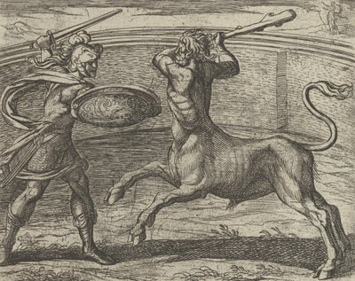 Theseus ja Minotaur Minotaurum Theseus vincit, The Metamorphos..., Julkaistu vuoden 1606 jälkeen. tekijältä Antonio Tempesta