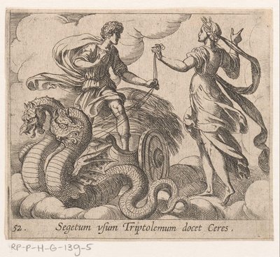 Triptolemus ontagunt de wagon van Ceres Ceres opettaa Triptolemukselle sadon (otsikko esineessä) Metamorfoosi tai muunnokset (sarjan nimi) Metamorfosen van Ovidius (sarjan nimi) tekijältä Antonio Tempesta