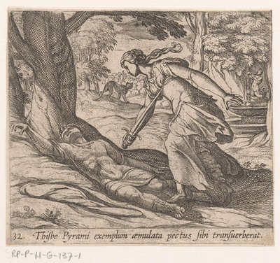Zelfmoor van Thisbe Thijsbe oli poikittanut rintansa Pyramuksen esimerkin mukaan (otsikko esineessä) Metamorfoosi tai muunnokset (sarjan nimi) Metamorfosen van Ovidius (sarjan nimi) tekijältä Antonio Tempesta