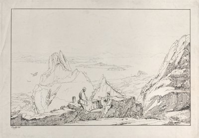 Vuoristoinen maisema, jossa kaksi miestä etualalla, 1828. tekijältä Antonio Vianello