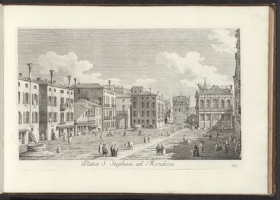 Gezicht op Campo Santo Stefano te Venetië Pyhän Tapanin aukio etelään (otsikko esineessä) Gezichten op bugemenen en pleinen in Venetië (sarjan nimi) Kuuluisimmat näkymät Venetsian kaupunkiin Antonius-kanavan 38. paneelista, messingillä painettu Antonio Vis tekijältä Antonio Visentini