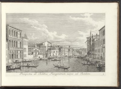 Gezicht op het Canal Grande ja Palazzo Flangini te Venetië Näkymä Flanginosin taloilta Bembosiin (otsikko esineessä) Kuuluisimmat näkymät Venetsian kaupunkiin, Antonius Canalin 38 paneelista, Antonio Vissentinin messingillä painettu kolmessa osassa tekijältä Antonio Visentini