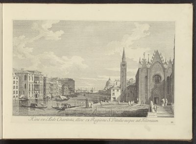 Gezicht op het Canal Grande en de Chiesa di Santa Maria della Carità te Venetië Tällä puolella Charityn talosta, toisella puolella S. Vitalisin alueelta Teloniumiin asti (nimi esineessä) Kuuluisimmat näkymät Venetsian kaupunkiin Antonius-kanavan 38 paneeli tekijältä Antonio Visentini