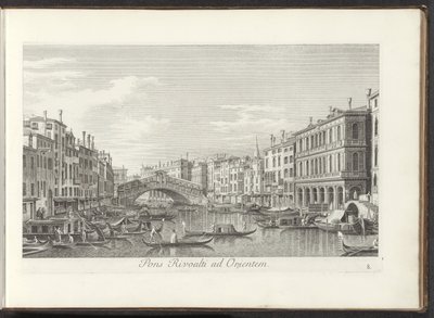 Gezicht op het Canal Grande en de Rialtobrug te Venetië Rivoaltin silta itään (otsikko esineessä) Kuuluisimmat näkymät Venetsian kaupunkiin, Antonius Canalin 38 paneelista, jotka on painettu Antonio Vissentinin messingille, jaettu kolmeen osaan. toinen osa tekijältä Antonio Visentini