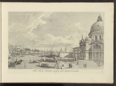 Gezicht op het Canal Grande en de Santa Maria della Salute te Venetië Pelastuksen talosta kanavan päähän (otsikko esineessä) Kuuluisimmat näkymät Venetsian kaupunkiin, Antonius Canalin 38 paneelista, Antonio Vissentinin messingille painettu kolmessa osassa tekijältä Antonio Visentini
