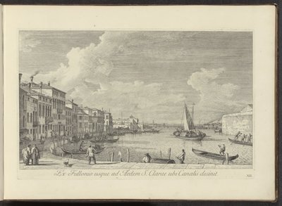 Gezicht op het Canal Grande en de kerk de Santa Chiara te Venetië Pesulasta St. Claren taloon, jossa kanava päättyy (otsikko esineessä) Kuuluisimmat näkymät Venetsian kaupunkiin, Antonius-kanavan 38. paneelista, Antonio Vissentinin messingillä painettu vuo tekijältä Antonio Visentini