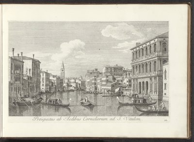 Gezicht op het Canal Grande en de toren van de San Vitale te Venetië Näkymä Corneliuksen talolta St. Vitaliin (otsikko esineessä) Kuuluisimmat näkymät Venetsian kaupunkiin, Antonius Canalin 38 paneelista, Antonio Vissentinin puupainatus tekijältä Antonio Visentini