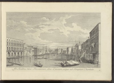 Gezicht op het Canal Grande te Venetië Foscarien taloista tällä puolella, Linoksen toisella puolella, aina hyväntekeväisyyden temppeliin asti (otsikko esineessä) Kuuluisimmat näkymät Venetsian kaupunkiin, Antonius Canalin 38 paneelista, Antonio Vissentinin tekijältä Antonio Visentini