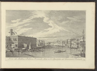Gezicht op het Canal Grande te Venetië Sieltä Rivoaltin julkisiin taloihin, toiselle puolelle SS:tä. Apostolit Grimana-taloon (otsikko esineessä) Kuuluisimmat näkymät Venetsian kaupunkiin, Antonius Canalin 38 messinkipaneelista, Antonio Vissentinin painama tekijältä Antonio Visentini