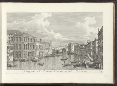 Gezicht op het Canal Grande te Venetië Näkymä Pisan talolta Pyhälle Jeremialle (otsikko esineessä) Kuuluisimmat näkymät Venetsian kaupunkiin, Antonius Canalin 38 paneelista, jotka on painettu Antonio Vissentinin messingille, jaettu kolmeen osaan. toinen os tekijältä Antonio Visentini