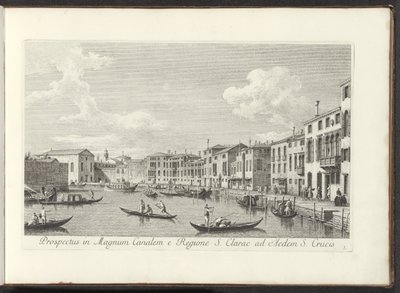 Gezicht op het Canal Grande te Venetië Näkymä Grand Canalille St. Claren alueelta Pyhän Ristin talolle (otsikko esineessä) Kuuluisimmat näkymät Venetsian kaupunkiin, Antonius Canalin 38 paneelista, Antonio Vissentinin painettuna, kolmessa osassa tekijältä Antonio Visentini