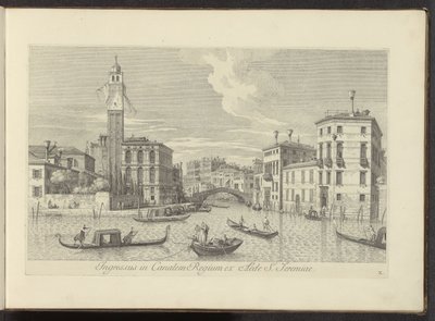 Gezicht op het Cannaregio en Palazzo Labia te Venetië Sisäänkäynti kuninkaalliseen kanavaan Pyhän Jeremian talosta (otsikko esineessä) Kuuluisimmat näkymät Venetsian kaupunkiin Antonius Canalin 38 paneelista, jotka on painettu ilmaan Antonio Vissentini, ja tekijältä Antonio Visentini