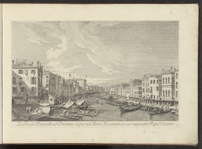 Gezicht vanaf de Rialtobrug op het Canal Grande te Venetië Ponte Rivoaltista itään, Aedes Foscarorumiin, jota vastaa Ripa Vinaria (otsikko esineessä) Kuuluisimmat näkymät Venetsian kaupunkiin Antoniuksen kanavan 38 paneelista, messingillä painettu A. tekijältä Antonio Visentini