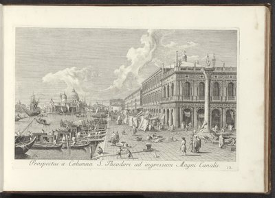 Hoek van het San Marcoplein ja Biblioteca Marciana Näkymä St. Theodoren pylväästä Canal Granden sisäänkäynnille (otsikko esineessä) Kuuluisimmat näkymät Venetsian kaupunkiin, Antonius Canalin 38 messinkipaneelista, Antonio Vissentinin painama osissa t tekijältä Antonio Visentini