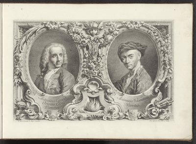 Portretten van artists Canaletto ja Antonio Visentini Kuuluisimmat näkymät Venetsian kaupunkiin, Antonius Canalin 38 paneelista, jotka on painettu Antonio Vissentinin messingille, jaettu kolmeen osaan. osa yksi (sarjan nimi) Gezichten op grote kanalen in V tekijältä Antonio Visentini