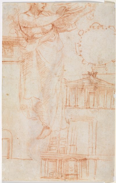 Draped Female Figuuri mahdollisesti Amazon and Architectural Studies päinvastoin, n. 1525. tekijältä Antonio da Correggio