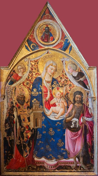 Madonna ja lapsi pyhimysten ympäröimänä


 Vaihtoehtoinen nimi(t):   Gonfalon. Oikea puoli: Johannes Kastajan ja enkelien kanssa. Yläosa - Kristus siunaa. Kääntöpuoli: Ristiinnaulitseminen Neitsyt Marian ja Pyhän Johanneksen kanssa. T tekijältä Antonio da Firenze