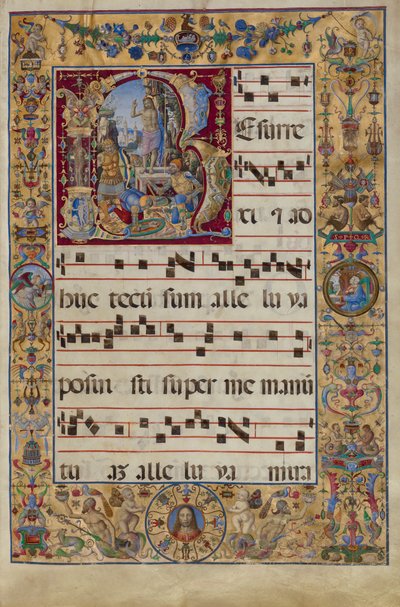 Asteittainen. Alkuteksti R: The Resurrection, n. 1500 (tempera, lehtikulta ja muste pergamentilla) tekijältä Antonio da Monza