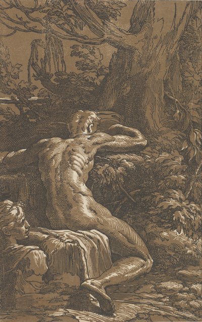 Mies istuu Narcissuksen takaa katsottuna, n. 1527-30. tekijältä Antonio da Trento