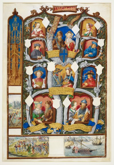 Lisätä. 12531 f.6 Sukupuu, joka näyttää Portugalin Don Henrikin syntyperän Unkarin kuninkaasta Stephenistä Genealogia dos Reis de Portugalista tekijältä Antonio de (attr.to) Hollanda