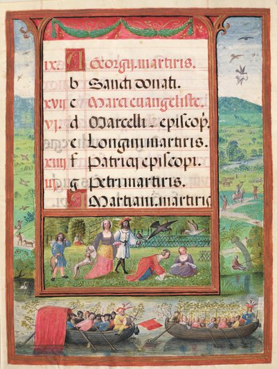 Huhtikuu, miniatyyrejä teoksesta "Dom Manuelin tuntikirja", 1517-38 (tempera vellum) tekijältä Antonio de Hollanda