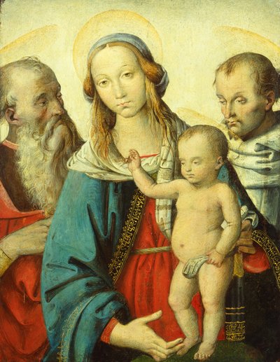 Madonna ja lapsi sekä pyhimykset Hieronymus ja Franciscus (tempera puulle) tekijältä Antonio del Massaro da Viterbo