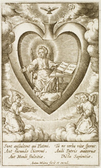 Jeesus-lapsi istui pyhässä sydämessä avoimen kirjan kanssa tekijältä Antonius Wierix (II)