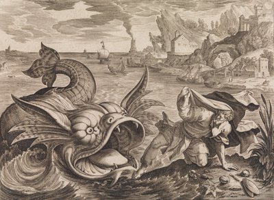 Jonah heittää rannalle kalan luona, n. 1585 tekijältä Antonius Wierix