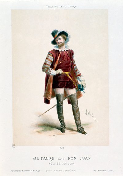 Laulaja Jean-Baptiste (Jean Baptiste) Faure (1830-1914) esittää Don Giovannin (Don Juan) Wolfgang Amadeus Mozartin (1756-1791) samannimisessä oopperassa esityksen aikana Pariisin oopperateatterissa. Antony Morlonin litografia (1834-1914) Colle tekijältä Antony Paul Emile Morlon