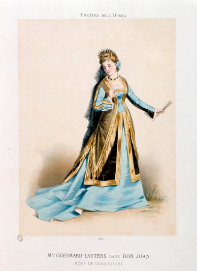 Laulaja Pauline Lauters-Gueymard (Lauters Gueymard) (1834-1876) esittää Dona Elviren Wolfgang Amadeus Mozartin oopperassa Don Giovanni (Don Juan) (1756-1791) esityksen aikana Pariisin oopperateatterissa. Antony Morlonin litografia (1834-1914) Yksityinen tekijältä Antony Paul Emile Morlon