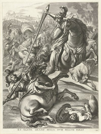 Akhilleus kukistaa Telephoksen; Ferdinandin saapuminen Gentiin vuonna 1635 Et tanta gessit bella dvm bellvm parat (otsikko esineessä) tekijältä Antony van der Does