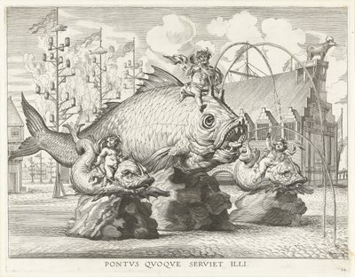 Näytelmä Tritonin kanssa jättimäisellä kalalla; Ferdinandin saapuminen Gentiin vuonna 1635 Pontvs Qvoqve servetti illi (otsikko esineessä) tekijältä Antony van der Does