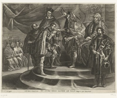 Troonsafsand van Karel V; intocht van Ferdinand te Gent vuonna 1635 (blad 25) Charles riisui itsensä valtakunnasta ja imperiumista / Sinä olet nyt hänelle toinen / Philip II ottaa Valtakunnan isältään (otsikko esineessä) tekijältä Antony van der Does