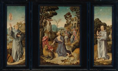 Triptyykki: Kohtauksia St. Jerom, St. Anthony Padovalainen, St. Bernard Clairvaux tekijältä Antwerp School c. 1525-3