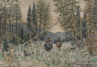 Metsästäjät hevosen selässä mäntymetsässä tekijältä Apollinari Mikhailovich Vasnetsov