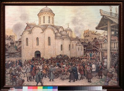 Khan Tokhtamychin (Toqtamych) hyökkäys Moskovaan (kuoli vuonna 1406), vuonna 1382 (Kultaisen lauman valloitus) - Appolinari Mikhaylovich Vasnetsovin (1856-1933) teos, akvarelli ja puuhiili paperille tekijältä Apollinari Mikhailovich Vasnetsov