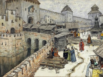 Moskova 1700-luvulla. Kirjakaupat Kristus Vapahtaja -sillalla, 1902 tekijältä Apollinari Mikhailovich Vasnetsov