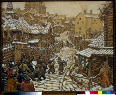 Muusikot ja karhunkouluttajat Moskovan kadulla 1600-luvulla - Appolinari Mikhaylovich Vasnetsovin (1856-1933) teos tekijältä Apollinari Mikhailovich Vasnetsov