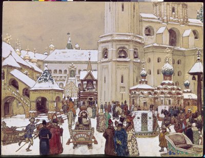 Sijoita Ivan Suuri Kremliin 1600-luvulla. (Tuomiokirkon aukio, Moskova). Appolinari Mikhaylovich Vasnetsovin (1856-1933) työ, kynä ja akvarelli paperille tekijältä Apollinari Mikhailovich Vasnetsov