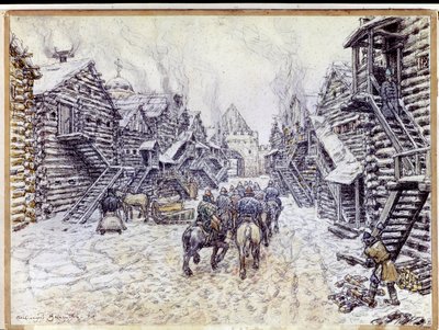 Vanha Moskova. Perinteistä puuarkkitehtuuria lumen alla. Appolinari Mikhaylovich Vasnetsovin (1856-1933) työ, akvarelli ja liitu paperille tekijältä Apollinari Mikhailovich Vasnetsov