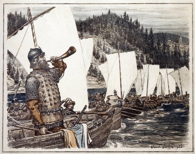 Yermak Timofejevitš (noin 1540-1585) Irtysh-joella. (Jermak Timofejevitš Irtyshillä). Jakso Siperian tutkimisesta ja valloituksesta, 1583. Appolinari Mikhaylovich Vasnetsovin (1856-1933) teos, litografia 1916. Venäläinen taide, 20. tekijältä Apollinari Mikhailovich Vasnetsov