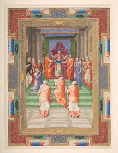 Paavin seremonia, Paavali IV seisoo paavin valtaistuimen edessä, Add. MS 35254 Q, n. 1555-59 (vellum) tekijältä Apollonio di Bonfratelli