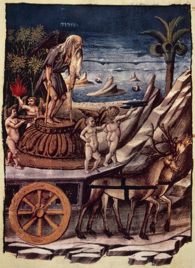 Ajan voitto, peuran vetämät ajan vaunut, Apollonio di Giovannin (1415 tai 1417-noin 1465) pienoiskuva Triumphsista, Francesco Petrarcan (1304-1374) allegorinen runo, käsikirjoitus 1129, folio 42, verso, Italia tekijältä Apollonio di Giovanni di Tommaso