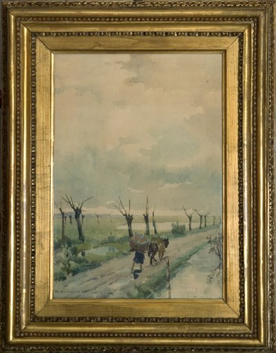 Maisema ja ihmisiä 1918-19 (akvarelli hiilipiirustukseen) tekijältä Arcangelo Salvarani