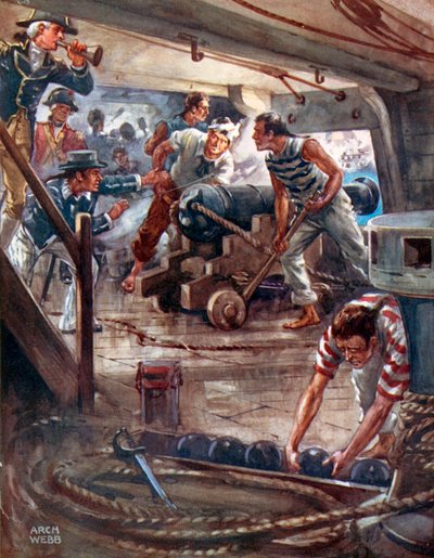 "Jokainen tykki levittää aataminhuulistaan kuolemansävyä laivojen ympärille" (värilitografia) tekijältä Archibald Bertram (after) Webb